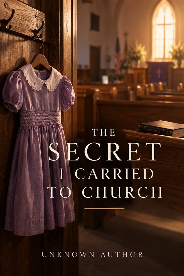 Book cover: a child's lilac dress hanging on a hook beside an empty church pew, a Bible resting on the pew and stained glass lit behind the altar.